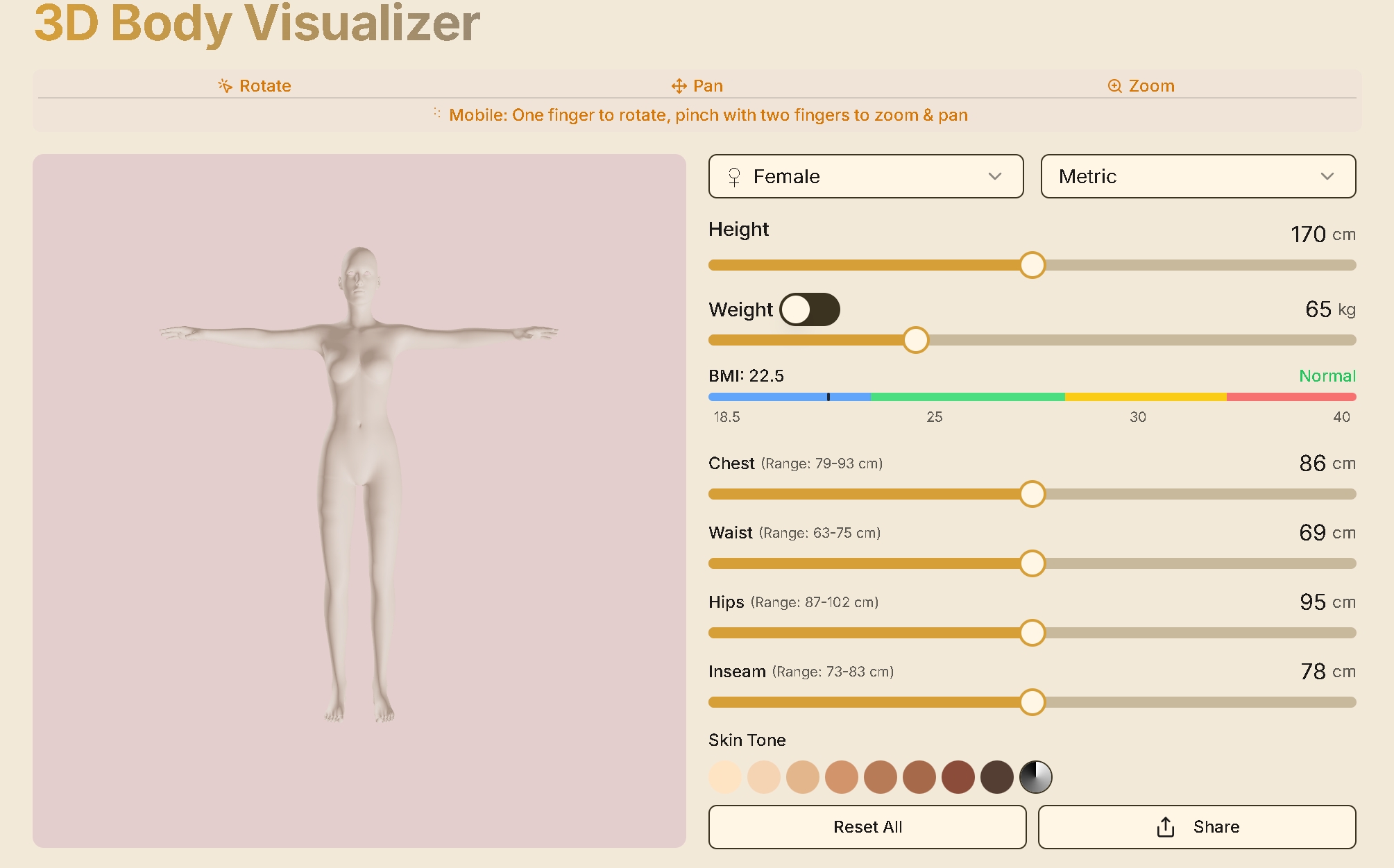 Body Visualizer Interface with Standard Female Model