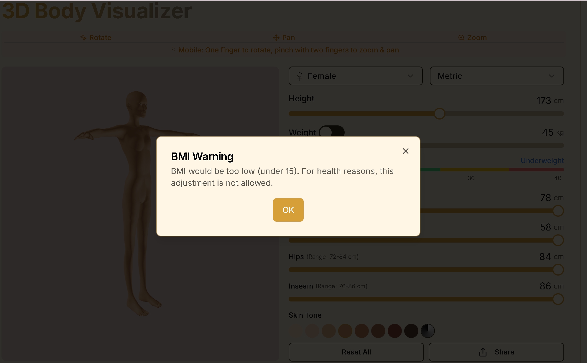 BMI warning when weight is too low