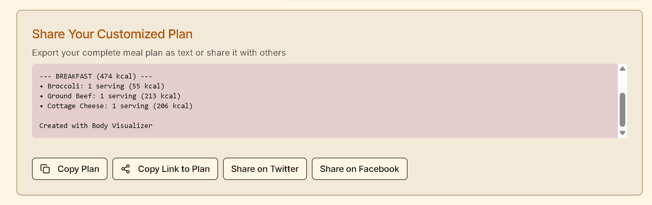 Custom meal plan from Food Calorie Tracker